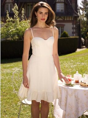 Gaala Cream linen  Sweetheart-Neck Mini Dress with Ruffle Hem